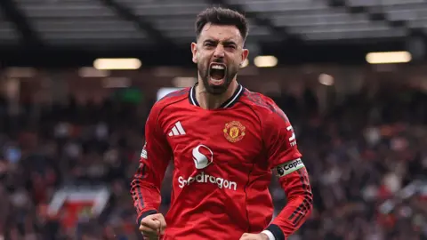 Bruno Fernandes celebrates a goal for Manchester United