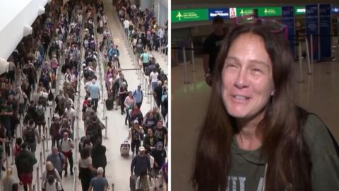 On the left, we see a long line for TSA. On the right, we see a traveler.