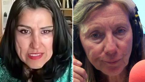 Composite image of Dame Jasvinder Sanghera and Sarah Montague during an interview