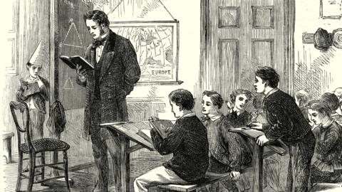 Drawing of a Victorian classroom scene.