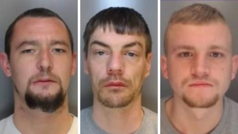 A mugshot of Sean Reay, Kelvin Lawson and Thomas Sterling. Reay and Lawson have dark hair while Sterling is blonde. They all have goatees and are wearing serious expressions.