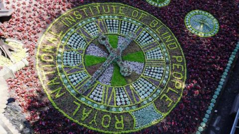 The floral clock is made up of thousands o flowering plants which are green and purple.