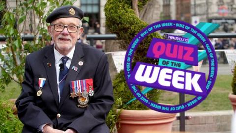 Veteran wearing uniform and medals next to quiz logo.