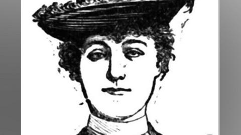 A line drawing of Daisy Hopkins from a newspaper illustration. She is wearing a hat and her hair is curling underneath, up from her face. 