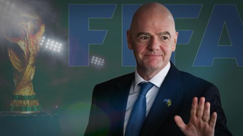 An edit of Gianni Infantino in front of the fifa logo, in the distance is stadium floodlights and the World Cup trophy.