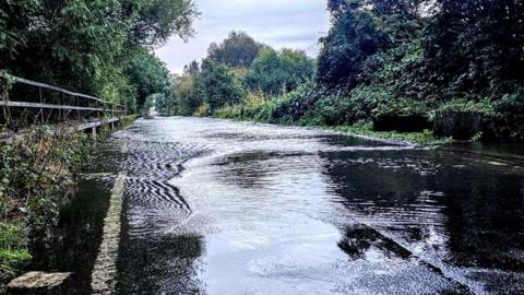 Waterlogged road with ripples towards the left. A metal railing is visible to the left and there are hedges on either side.