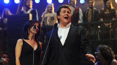 Rebecca Caine and Michael Ball perform on stage during the anniversary performance of 'Les Miserables' at The O2 Arena on October 3, 2010 in London, England.