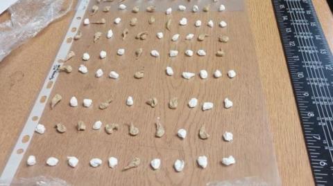 Rows of small white packages on a wooden table with a black ruler alongside.