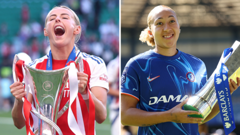 A split image of Arsenal's Chloe Kelly holding the Women's Champions League trophy and Lauren James in a Chelsea shirt holding the Women's Super League trophy