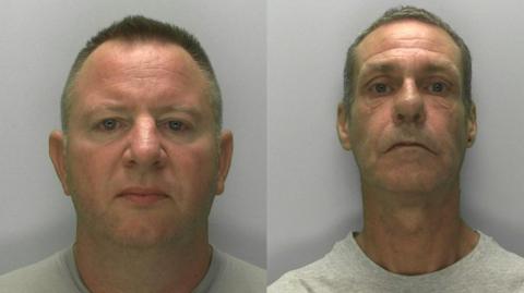 Two mugshots of men wearing grey T-shirts and standing against a grey background. On the left is a man with receding dark brown greying hair, a large nose, and quite a thick neck, and on the right is a skinnier, older man with grey hair and a wrinklier face. They are both straight faced.