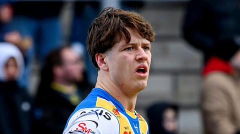 Riley Lumb during a Leeds Rhinos pre-season game with his mouth open