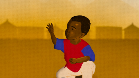An illustration showing a child sitting on the ground outside in a blue and red T-shirt stretching out his hand