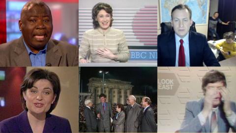 Clockwise from top left: Guy Goma, Jan Leeming, Prof Robert Kelly, Ian Masters, Newsnight journalists and Jane Hill