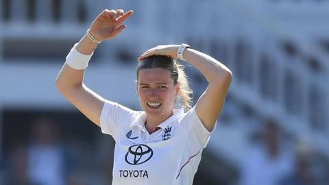 Lauren Bell looks frustrated during India's innings against England at Lord's