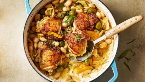 A large pot of chicken with fennel, lemon and beans.