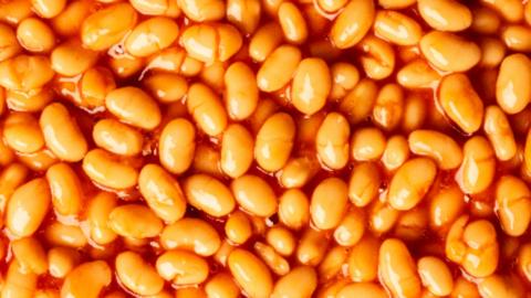 A close shot of baked beans in a tomato sauce.