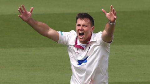 Migael Pretorius with his arms in the air and mouth open as he appeals during a match for Somerset