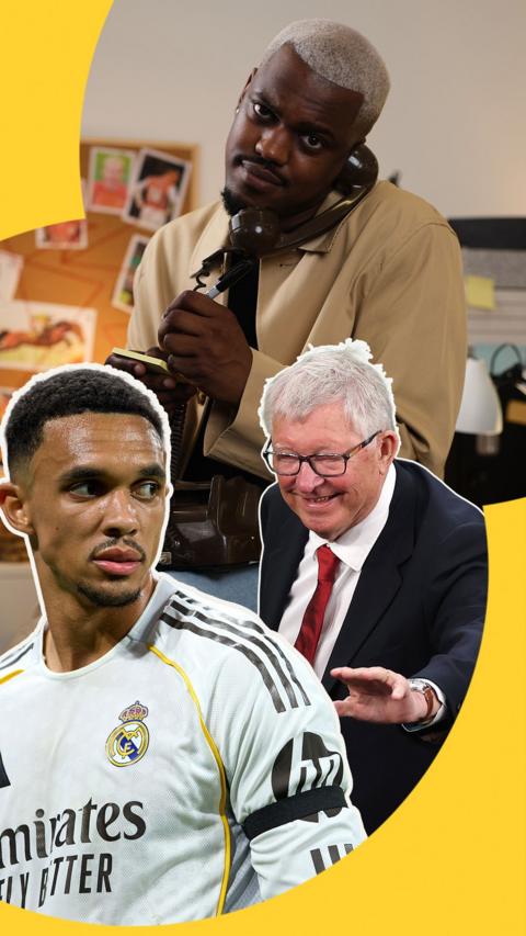 Karel poses on phone. Below are cutouts of Sir Alex Ferguson and Trent in foreground.
