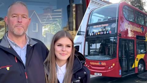 Split image between father and daughter bus drivers and red sight-seeing bus.