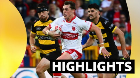 Jack Broadbent of Hull KR breaks through to score a try against York