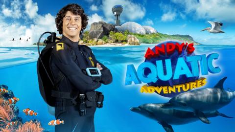 Andy in his scuba gear with dolphins in the water. 