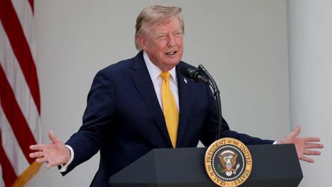 President Donald Trump speaks during an event in the Rose Garden of the White House. He is animating with his hands and is wearing a suit with a yellow golden tie. 