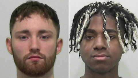 Mugshots of Dove and Chapman. Dove is white with a short ginger beard and short dark hair. Chapman is black, clean shaven with black and blond dreadlocks.