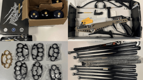 Images showing knuckledusters, baseball bats and crossbows which have been seized by police. 
