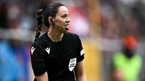 Emily Carney refereeing at the Women's Under-19s European Championship