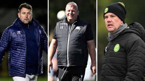 Cardiff Met boss Ryan Jenkins, Bala Town's Colin Caton and Caernarfon Town head coach Richard Davies