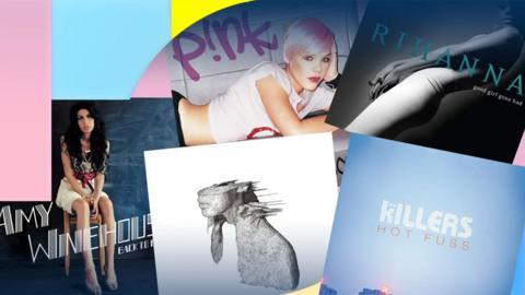 Compilation of album covers from the 00s with Radio 1 branding colours