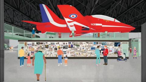 An artist impression of an exhibition- a red plane hanging from the sky with lots of people looking at a wall