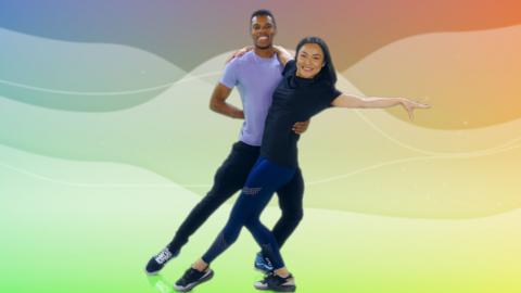 Presesenter Rhys Stephenson and dancer Nancy Xu in a dance pose on a green/orange/yellow gradient background.