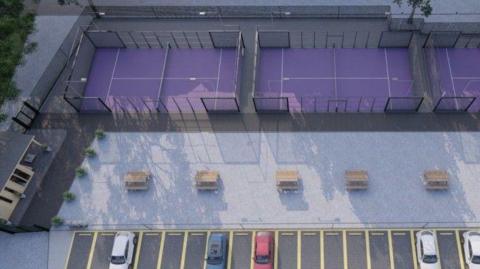 An artist's impression of the courts, which are in a line and have purple flooring with glass walls and white lines on the floor. adjacent to them is car parking with black flooring and yellow bay lines 