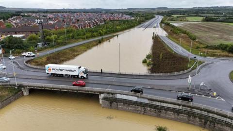 A drone view shows the A421 dual carriageway road after it was flooded following heavy rain, at Marston Moretaine near Bedford, Britain, September 23, 2024. 