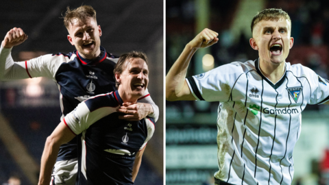 Falkirk duo Liam Henderson and Coll Donaldson celebrate beating Dundee United; Dunfermline's Matthew Todd celebrates beating Aberdeen