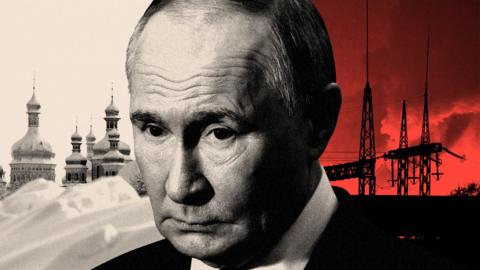 A treated image showing Putin in black and white, flames at a Ukranian power plant and Kiev-Pecherskaya Lavra's cathedral after a heavy snow-fall in the Ukrainian