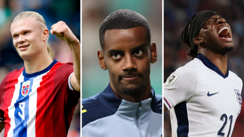 Split picture of Erling Haaland (Norway), Alexander Isak (Sweden) and Noni Madueke (England) playing in World Cup qualifying matches