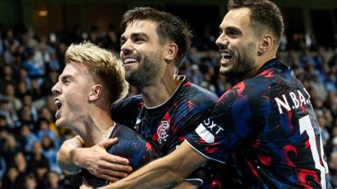 Ross McCausland celebrates scoring for Rangers in Malmo