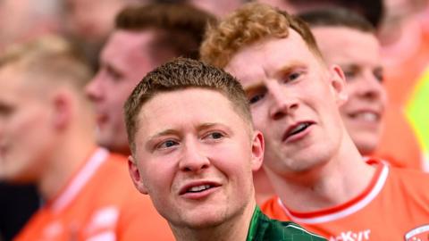 Goalkeeper Blaine Hughes and forward Conor Turbitt show their delight after Armagh's All-Ireland Final win over Galway