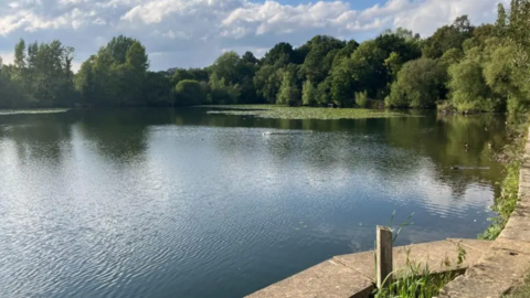A lake surrounded by green trees and a cloudy sky 