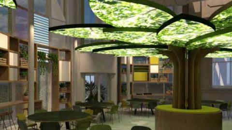 A computer generated image shows how the Growing Space exhibition will look. There is a big green tree sculpture in the middle, surrounded by chairs and tables. There are shelves along the wall containing plants. 