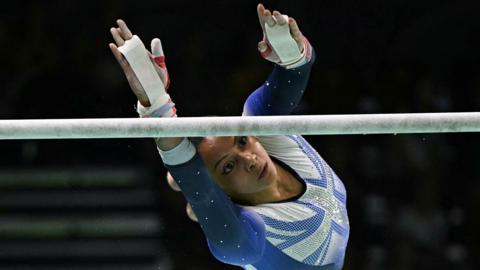 Becky Downie in action for Britain on the uneven bars