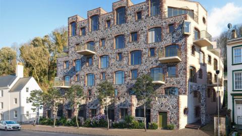 An architect's drawing showing a six-storey building with many windows and some balconies. It sits off a road and there are five trees and planting lining its frontage. The building is rendered smooth on the side and covered with individual stones on the front.