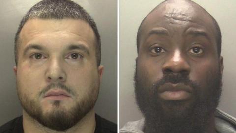 A composite of mugshots of two men - the man on the left has short dark hair and a black beard. The man on the right is bald and also has a black beard and is wearing a grey top.