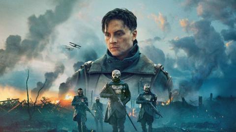 Poster image of Louis Peres as a soldier in The Sentinels with other soldiers on the battlefield. 