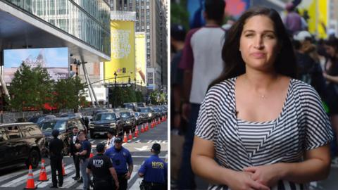 Split screen. Left, outside of Madison Square Garden. Right, Nada Tawfik.