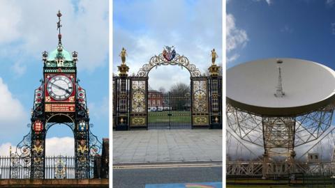 Triptych showing the ornate Eastgate Clock in Chester, the golden gates of Warrington, and the huge Jodrell Bank telescope in Cheshire East.