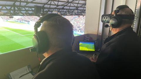 Neale Ormston and Andy Bull commentating on the Crystal Palace game against Manchester City. 