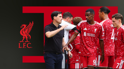 A graphic of Andoni Iraola talking to Alexander Isak with Virgil van Dijk and Florian Wirtz in the background, against a red and black background and the Liverpool club badge.